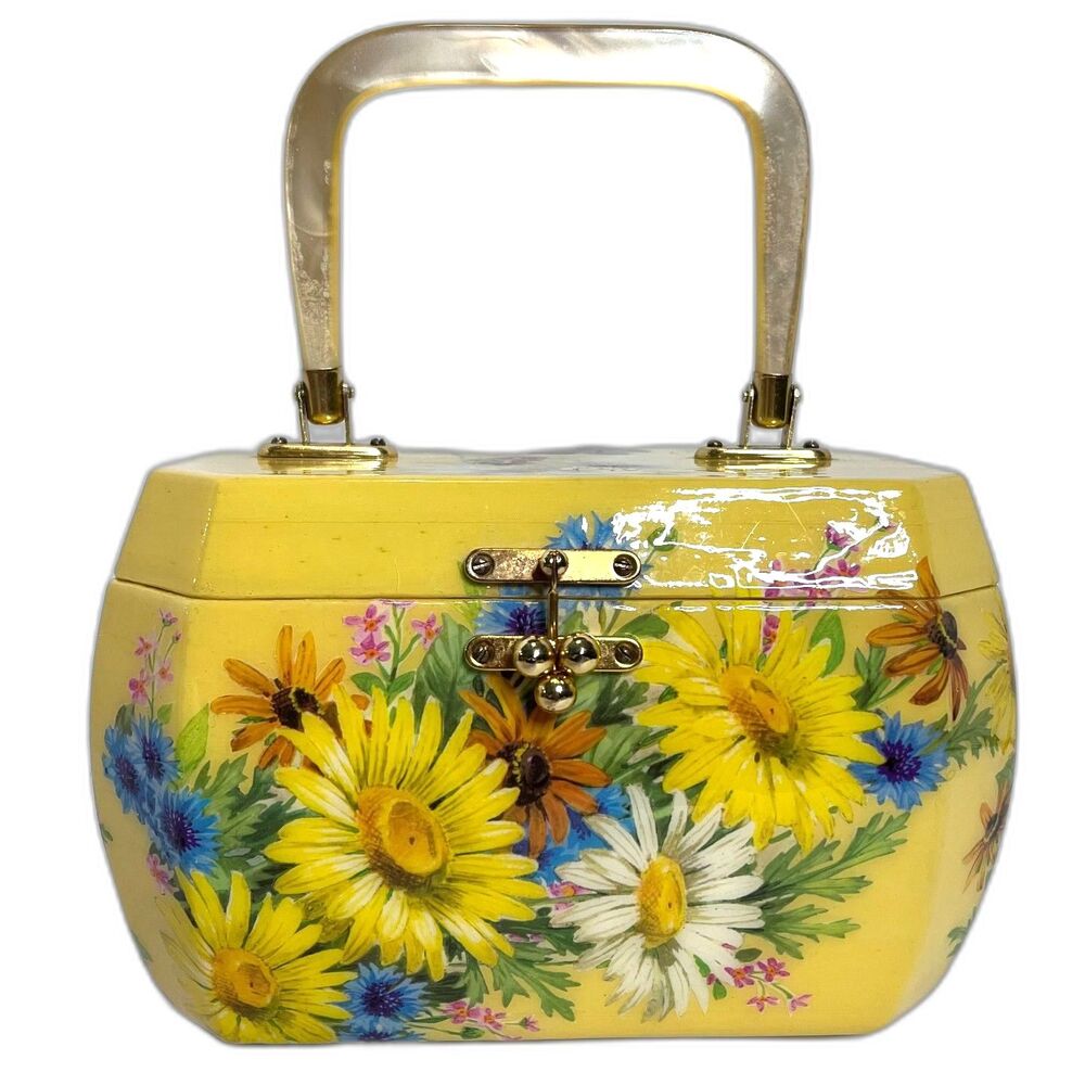 Vintage Decoupage Box Purse Wood Frame Lucite Handle 1960s EUC